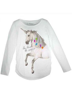 Girls XL Hanes Long-Sleeve White T-Shirt With Unicorn Graphic & Glitter Accents